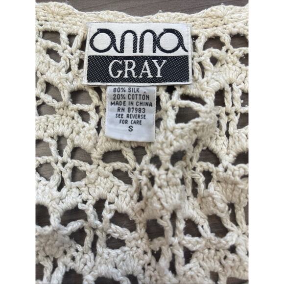 Vintage Sweater Vest Crochet Knit Boho Cream Silk blend-Small - Picture 3 of 10